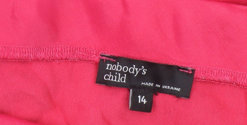 Brand and care label for Nobody's Child women’s pink a-line midi skirt, size UK 14