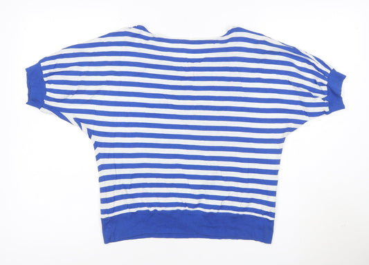 Marks and Spencer Women's Blue Striped Cotton Boat Neck T-Shirt Size 14