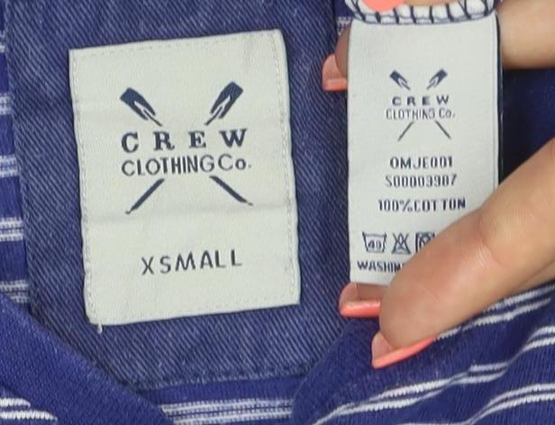 Brand and care label for Crew Clothing Men’s Blue Striped Cotton T-Shirt XS Regular Fit