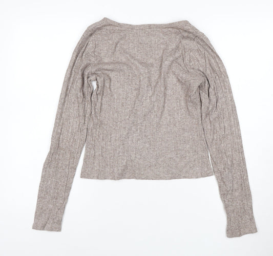 Hollister Women Beige Ribbed V-Neck Henley Long Sleeve Top Size M