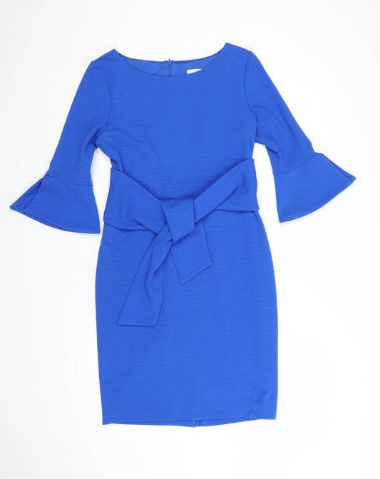 Additional front view of Linea Women Blue, size 10, Sheath Knee Length Belted Dress
