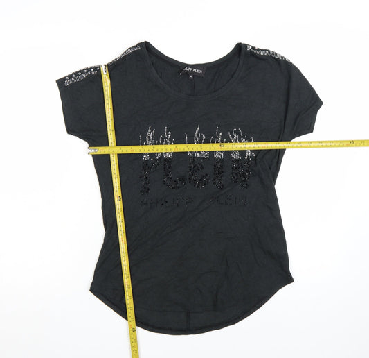 Philipp Plein Womens Black Beaded T-Shirt Size M Gothic Rock Style