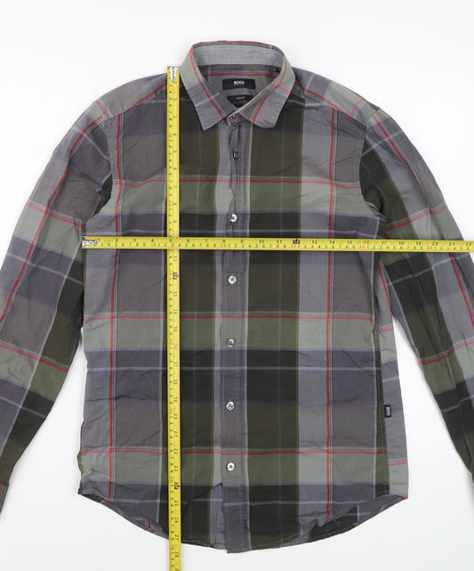 Hugo Boss Men's Grey Green Check Slim Fit Cotton Dress Shirt S