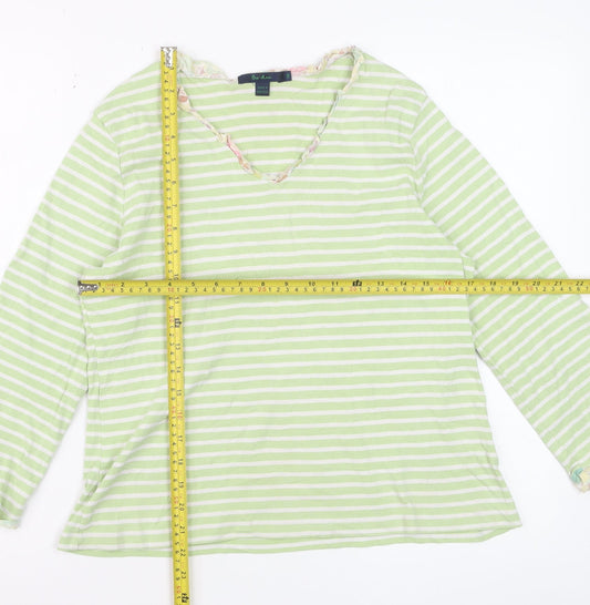 Boden Women Green Striped Long Sleeve Cotton V-Neck Top L