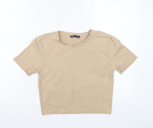 Zara Women Beige Cropped Crew Neck Cotton T-Shirt Size 12