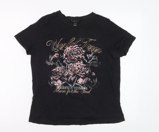 New Look Women's Black Floral Music Graphic Cotton T-Shirt Size 12