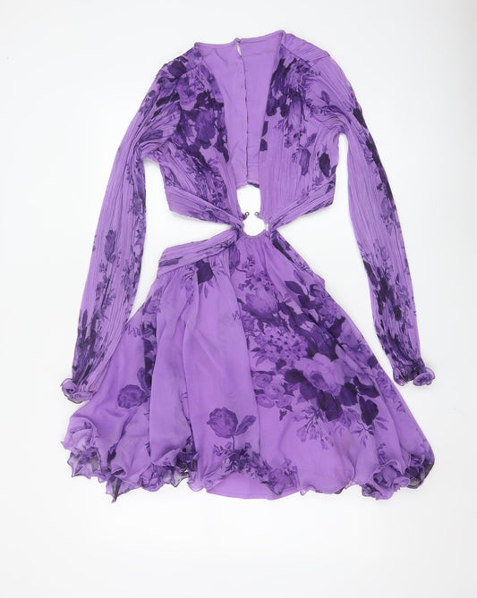 Additional front view of ASOS DESIGN Women’s Purple Floral Cut Out Chiffon Mini Dress, size UK 4