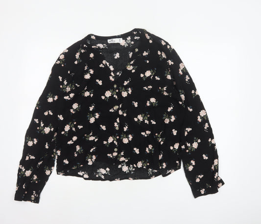 Hollister Women Black Floral Viscose Long Sleeve Tunic Blouse M