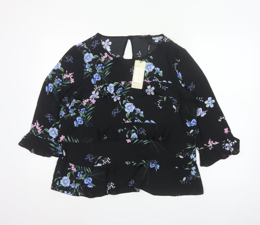 Lipsy Womens Black Floral Ruffle Tunic Blouse UK 16