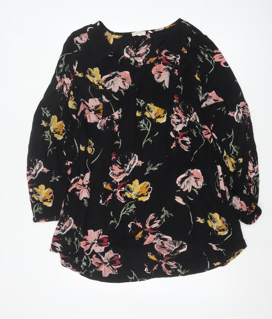Fat Face Womens Black Floral Tunic Blouse Size 12 Viscose Long Sleeve