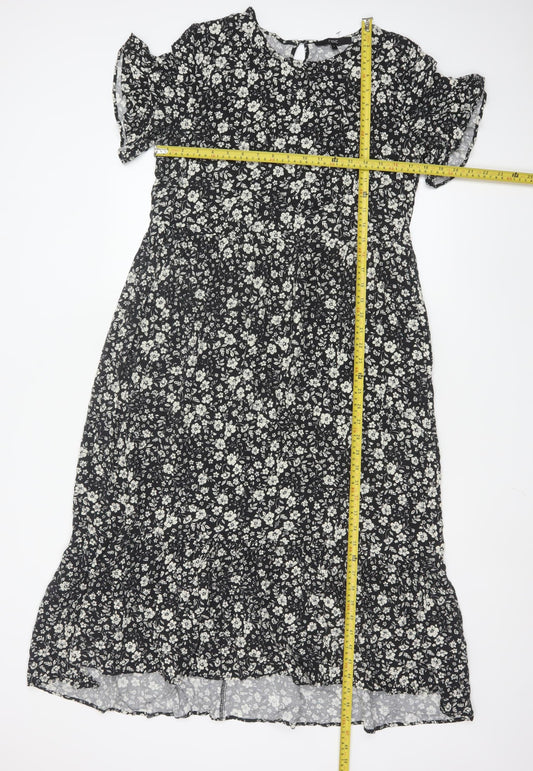 Next Women Black Floral Midi A-Line Dress Size 10 Short Sleeve