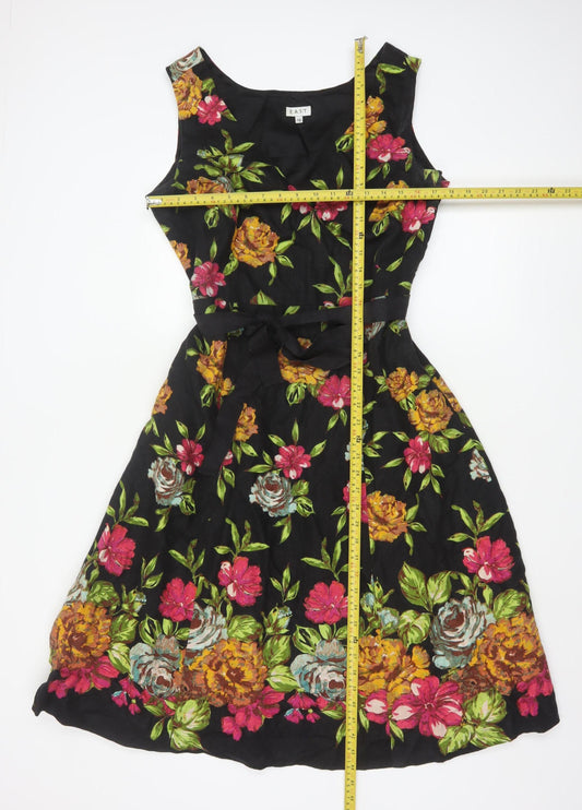 East Women Black Floral Linen Fit & Flare Dress Size 16