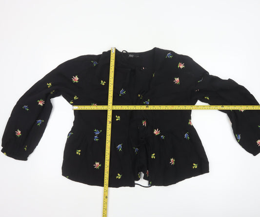 Nobody’s Child Women’s Black Floral Embroidered Peasant Blouse UK 14