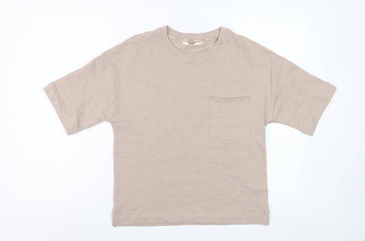Marks & Spencer Women Beige Cotton Basic Crew Neck T-Shirt S