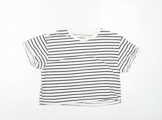 Additional front view of Miss Selfridge Women’s White Striped Cotton T-Shirt, size UK 12