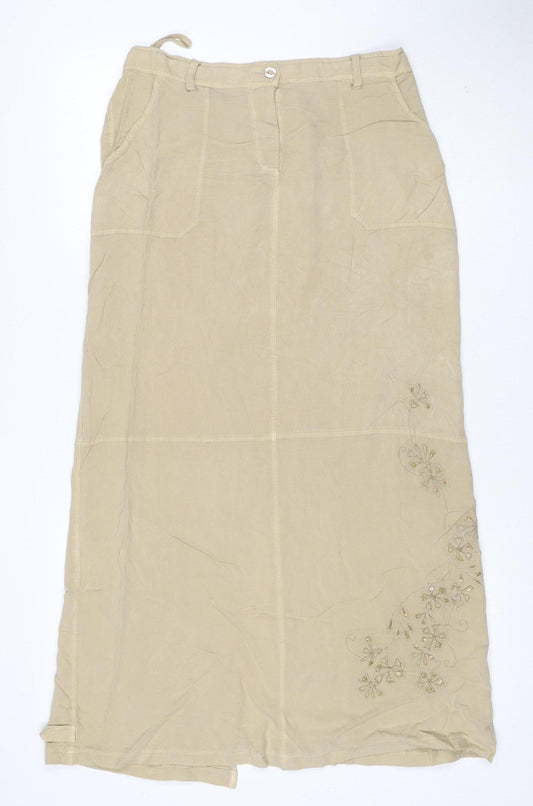 Wallis Women Beige Embroidered Floral A-Line Midi Skirt Size 12