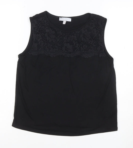 Additional front view of Red Herring Women’s Black Lace Panel Sleeveless Tank Top, size UK 12