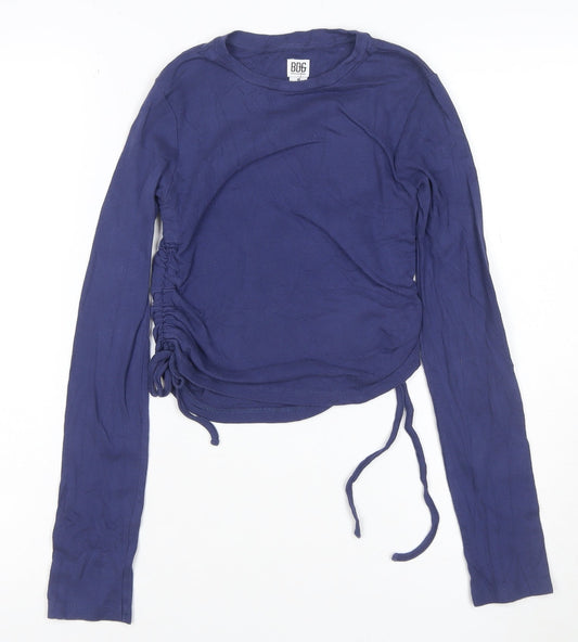 Additional front view of BDG Women’s Blue Cropped Long Sleeve Crew Neck Adjustable Cotton Top S
