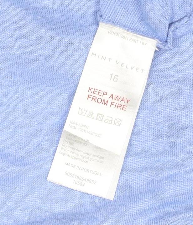 Mint Velvet Women Blue Linen V-Neck T-Shirt Size 16