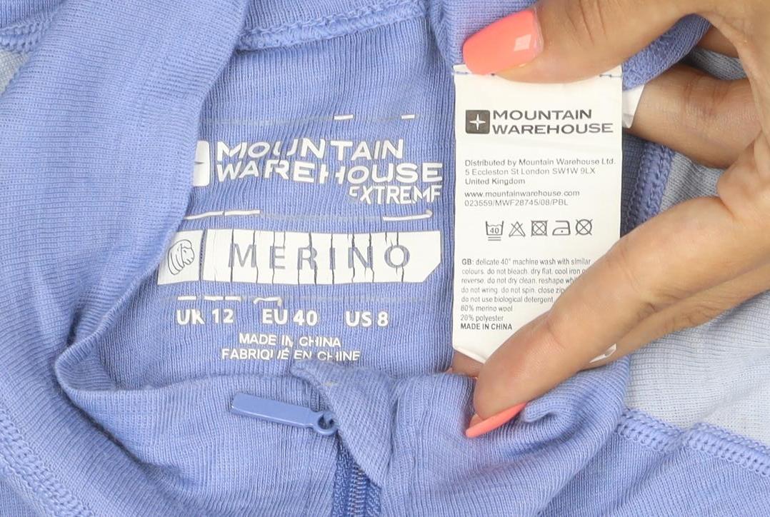 Mountain Warehouse Women's Blue Merino Wool 1/2 Zip Long Sleeve Pullover Top UK 12