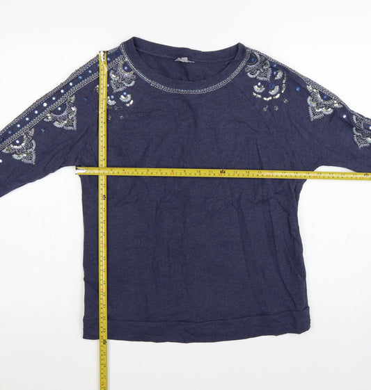 Monsoon Women Blue Embellished Long Sleeve T-Shirt Size S