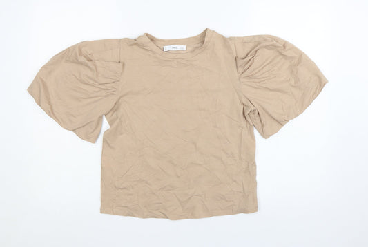 Mango Women Beige Puff Sleeve Cotton T-Shirt XS