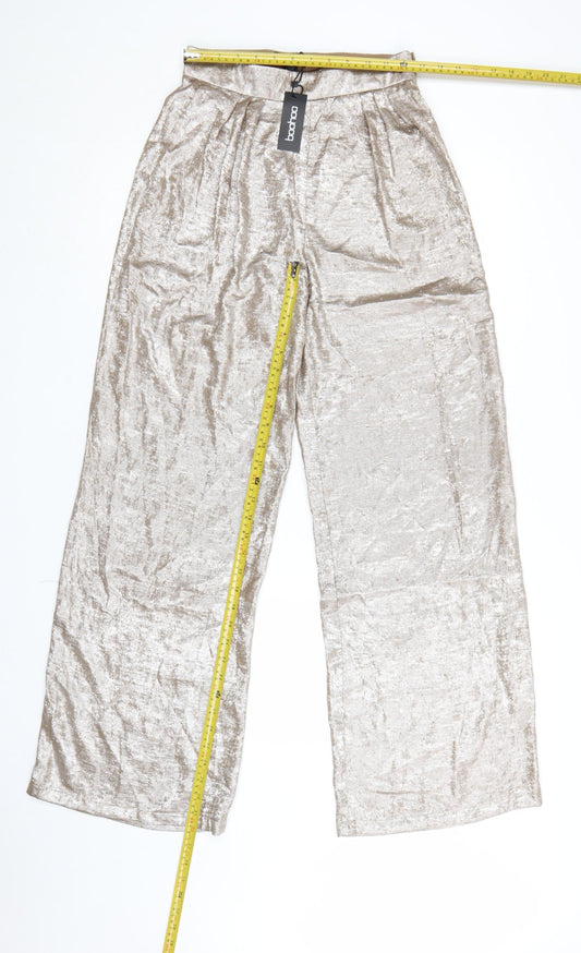 Boohoo Womens Silver Metallic Satin Wide Leg Trousers UK 8