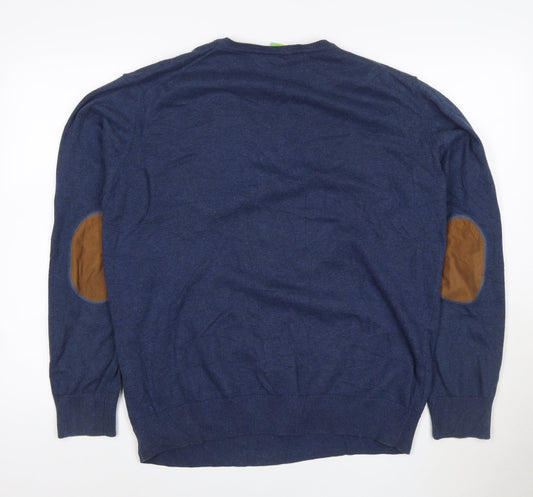 BOSS Mens Blue 2XL V-Neck Cotton Pullover Jumper with Elbow Patches