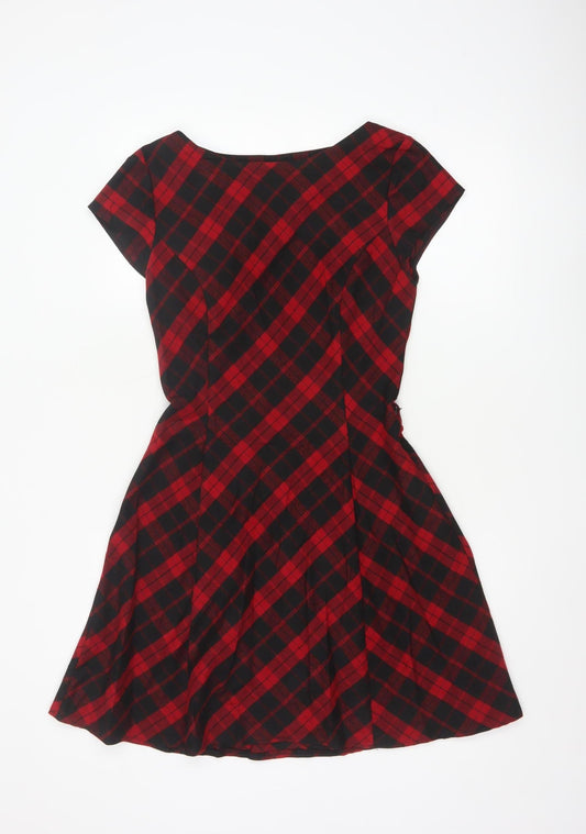 Additional front view of Red Herring Women Red Checked A-Line Dress, size 10, Short Sleeve