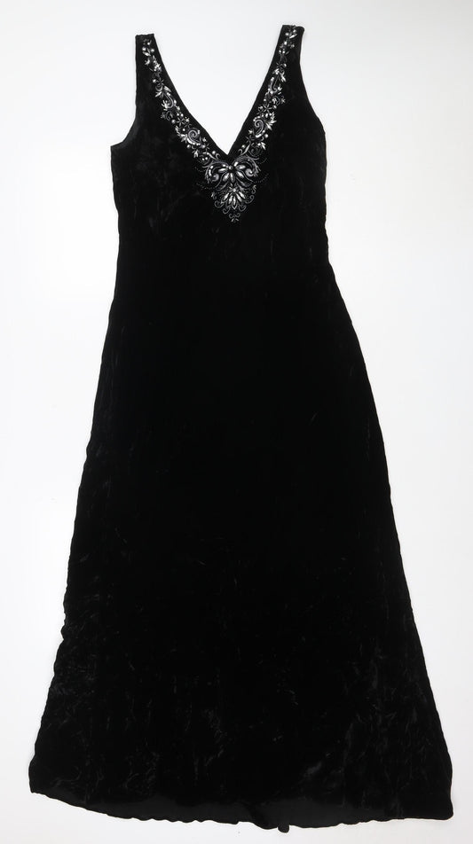 Laura Ashley Women's Black Size 12 Velvet A-Line Sleeveless Embroidered Evening Dress