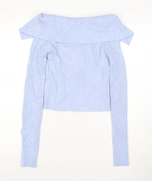 Bershka Women Blue Rib-Knit Off Shoulder Pullover Jumper Size 12
