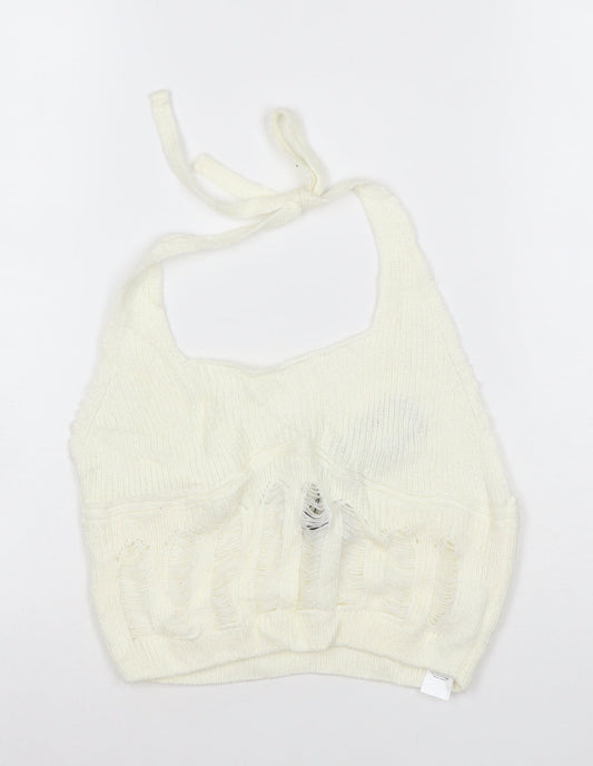 Boohoo Women Ivory Knit Halter Cropped Tank Top M