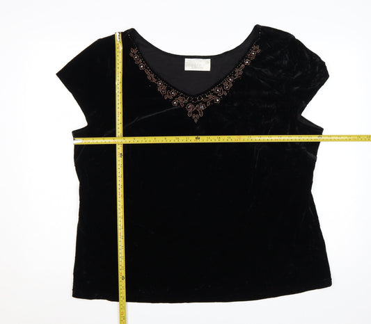 Ann Harvey Women Black Beaded Velvet Blouse UK 24 V-Neck Short Sleeve