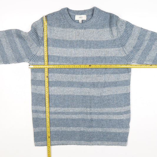 Marks and Spencer Men's Blue Striped Crew Neck Pullover Jumper M