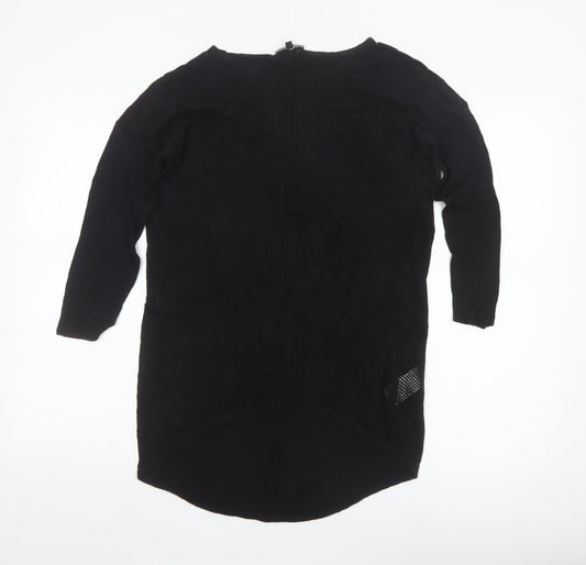 Warehouse Women’s Black Tunic Blouse Size 8 Viscose Crochet 3/4 Sleeve