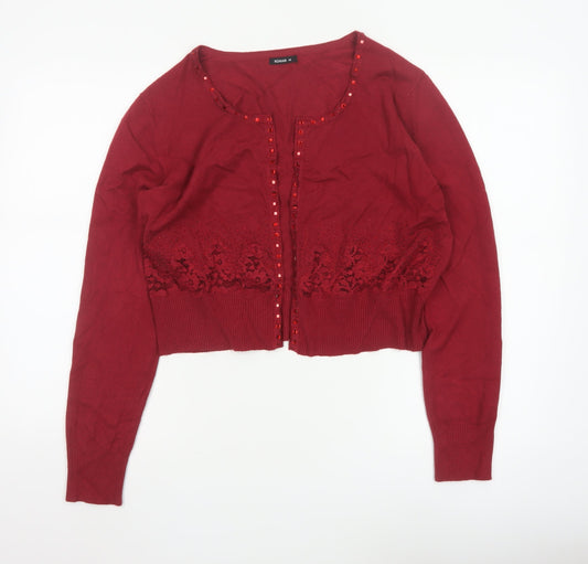 Additional front view of Roman Women Red Beaded Lace Cardigan, size 14