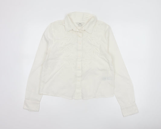 Marks & Spencer Womens White Embroidered Cotton Button-Up Blouse Size 6