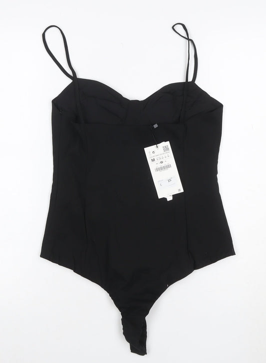 ZARA Women Black Bodysuit Jumpsuit Size 12 Satin Finish