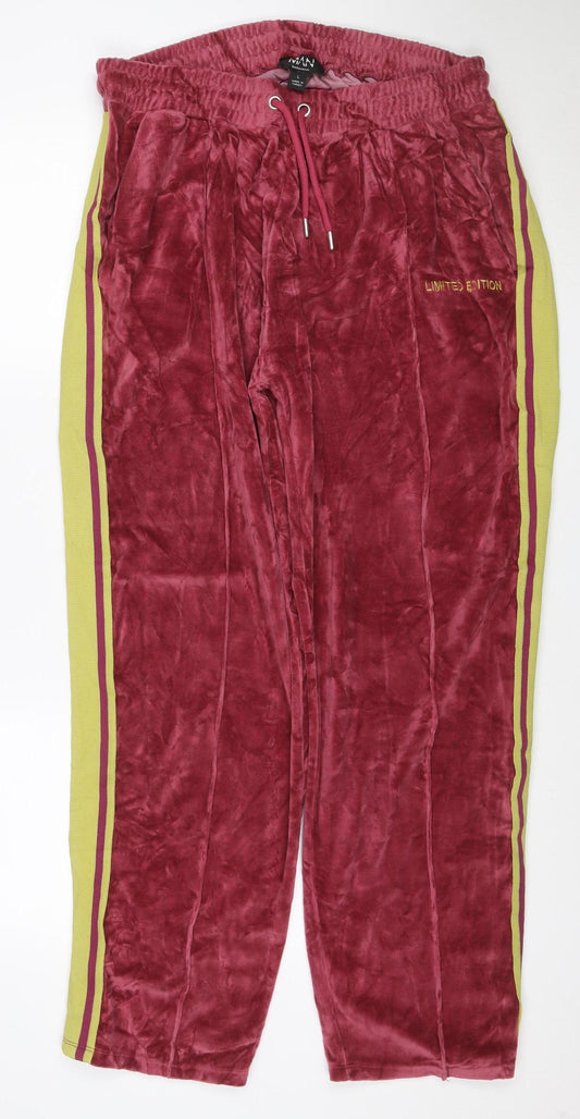 boohooMAN Men's Red Velour Track Pants L Side Stripe Elastic Waist