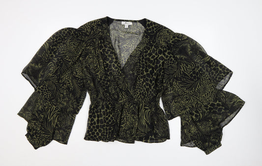 Topshop Women's Green Animal Print Wrap Blouse UK 12 Puff Sleeve