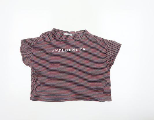 Pull&Bear Women's Multicoloured Striped Cropped T-Shirt S