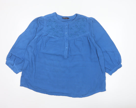 Marks & Spencer Women Blue 3/4 Sleeve Cotton Tunic Blouse Size 14