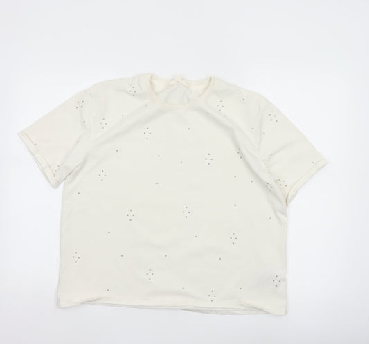 Marks & Spencer Women Ivory Rhinestone Cotton T-Shirt Size 14