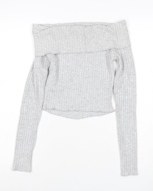 Bershka Women’s Grey Ribbed Off Shoulder Slim Fit Jumper XS