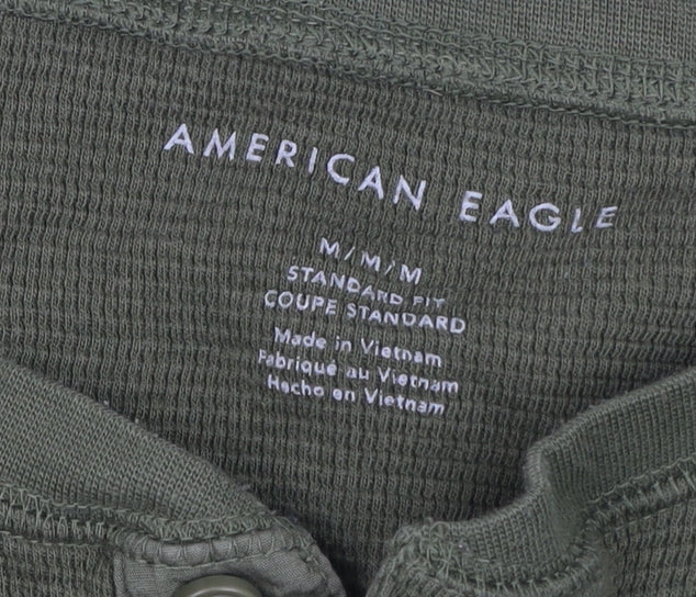 American Eagle Men's Green Henley Waffle-Knit Jumper Size M