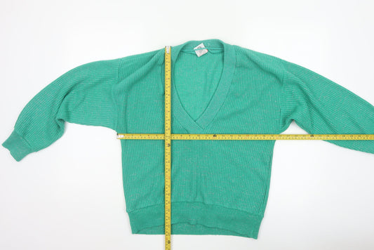 C&A Women Green Silver Glitter V-Neck Knit Pullover Jumper UK 18