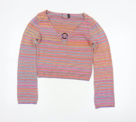 Additional front view of ASOS Design Women’s Multicoloured Stripe V-Neck Cropped Jumper UK 10