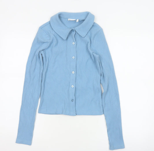 Additional front view of ASOS Design Women Blue S Ribbed Collared Button-Up Long Sleeve Top