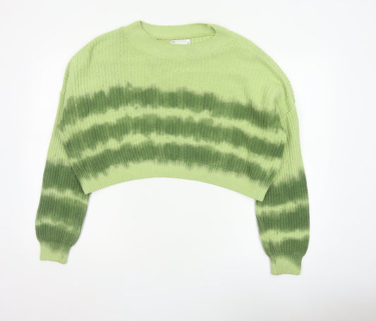 Additional front view of ASOS Design Women Green Striped Knit Jumper UK 14 Crew Neck Cropped