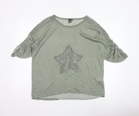 Additional front view of Izabel Women Grey, size 10, Star Sequin Jersey Balloon Sleeve T-Shirt